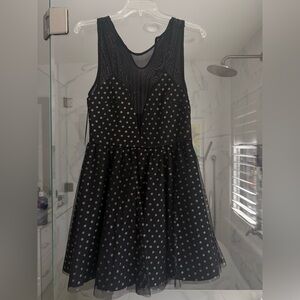 Nasty Gal Black Mesh Bodice Fit-and-Flare Dress with Gold Dot Detail